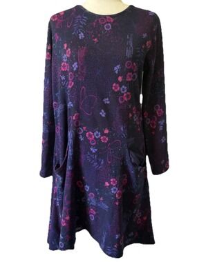 Isle Essentials Edinburgh Woollen Mill Floral Dress Pockets Size 16 Purple Knit